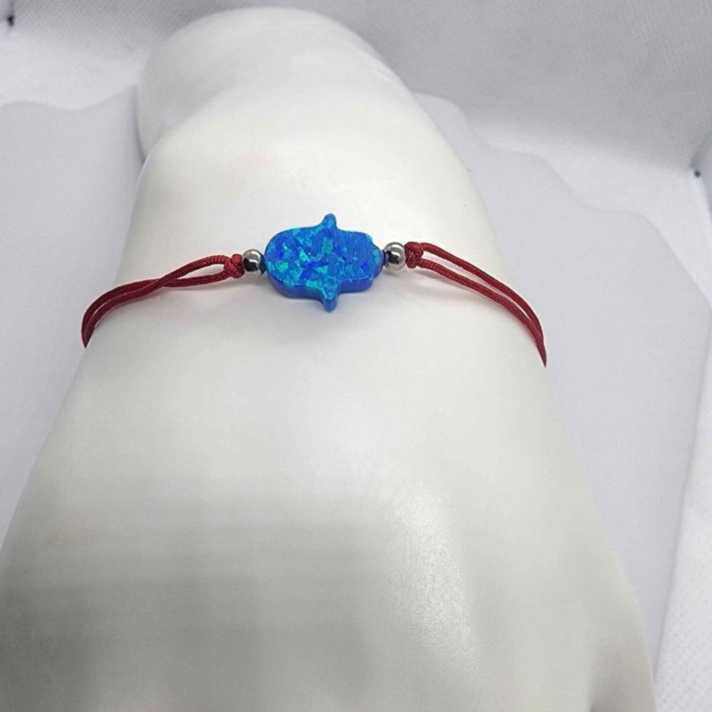 Red String of Luck: Blue Opal Hamsa Protection Bracelet